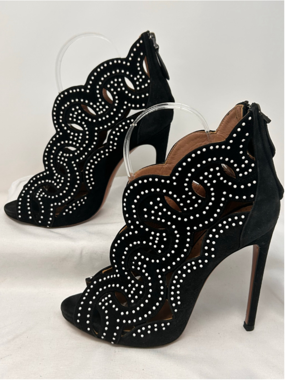 Alaïa Black Suede Laser Cut Studded Open Toe Bootie Heels 37